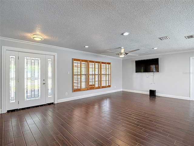 4002 Hudson Ter, Tampa, FL 33618 - unfurnished living room with ceiling fan, a textured ceiling, ornamental molding, dark wood finished floors, and recessed lighting