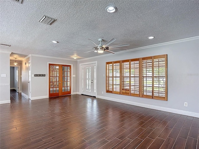 4002 Hudson Ter, Tampa, FL 33618 - unfurnished living room with a textured ceiling, ceiling fan, crown molding, dark wood-type flooring, and recessed lighting