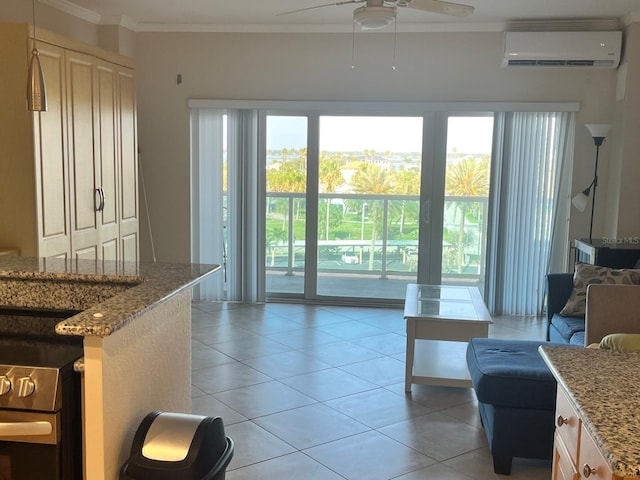 880 Mandalay Ave Unit C412, Clearwater Beach, FL 33767 - doorway featuring a wall mounted AC, light tile patterned floors, a ceiling fan, healthy amount of natural light, and crown molding