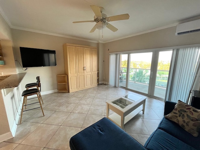 880 Mandalay Ave Unit C412, Clearwater Beach, FL 33767 - living room with a wall unit AC, ornamental molding, light tile patterned flooring, and ceiling fan