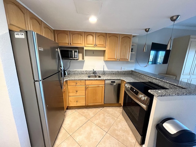 880 Mandalay Ave Unit C412, Clearwater Beach, FL 33767 - kitchen with appliances with stainless steel finishes, open shelves, stone counters, and light tile patterned flooring