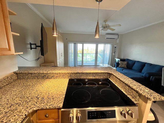 880 Mandalay Ave Unit C412, Clearwater Beach, FL 33767 - kitchen featuring stainless steel electric stove, ornamental molding, open floor plan, a wall unit AC, and ceiling fan