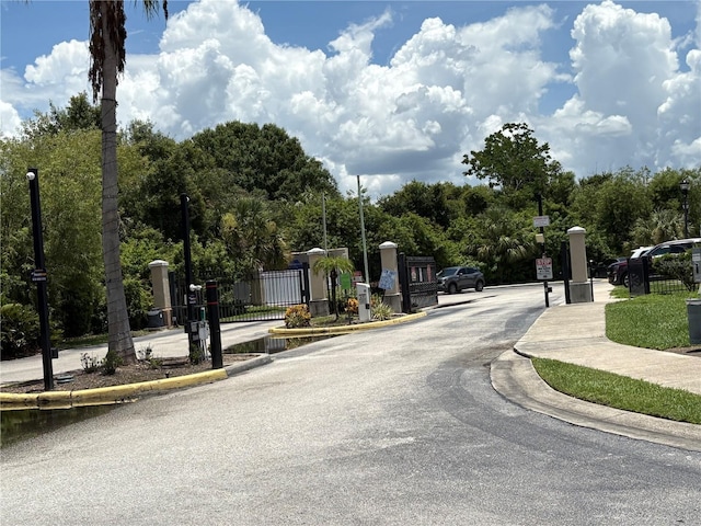 6252 Olivedale Dr, Riverview, FL 33578 - view of asphalt road with curbs, street lights, sidewalks, a gated entry, and a gate
