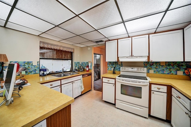 2817 Rustic Oaks Dr, Palm Harbor, FL 34684 - kitchen with white electric range, under cabinet range hood, dishwasher, light countertops, and a paneled ceiling