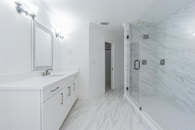 5950 Bikini Way N, St Pete Beach, FL 33706 - bathroom with vanity, a shower stall, ornamental molding, and marble finish floors