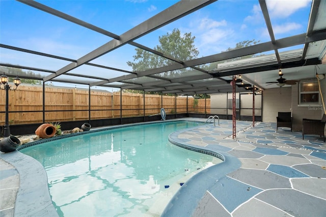 6715 Ranchwood Loop, New Port Richey, FL 34653 - view of swimming pool featuring a fenced backyard, a patio area, ceiling fan, and a lanai