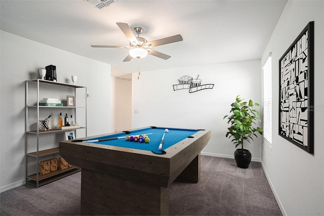 6347 Ten Acre Ct, Zephyrhills, FL 33541 - recreation room featuring dark carpet, billiards table, and ceiling fan