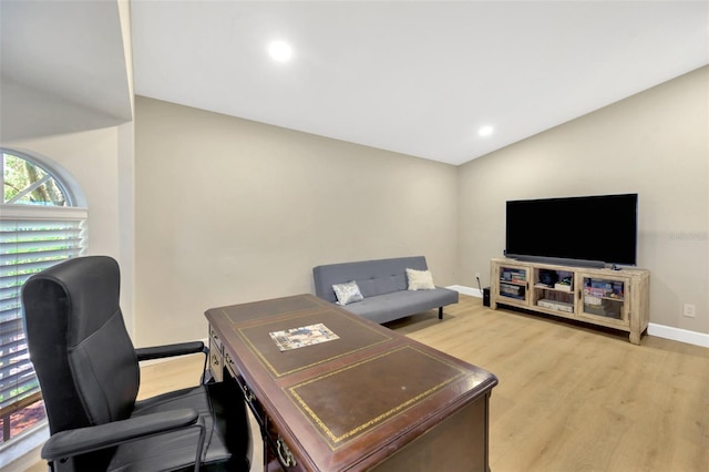 4617 Basswood St, Land O Lakes, FL 34639 - home office with light wood-style floors, recessed lighting, and vaulted ceiling