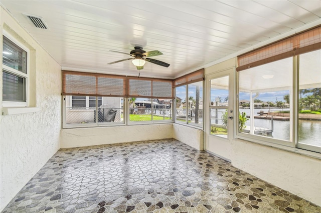 13909 Berkowitz Ave, Hudson, FL 34667 - unfurnished sunroom featuring a water view and a ceiling fan