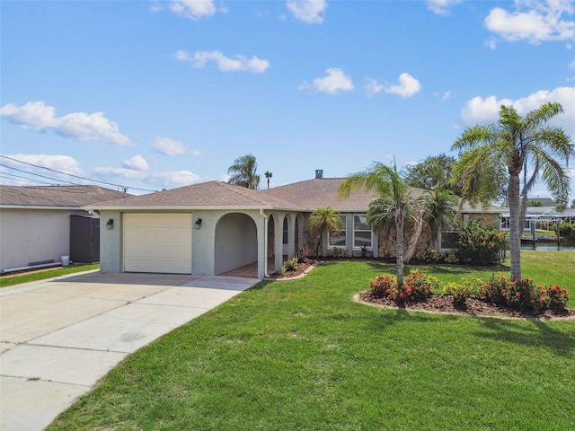 13909 Berkowitz Ave, Hudson, FL 34667 - ranch-style house featuring a garage, stucco siding, driveway, and a front lawn