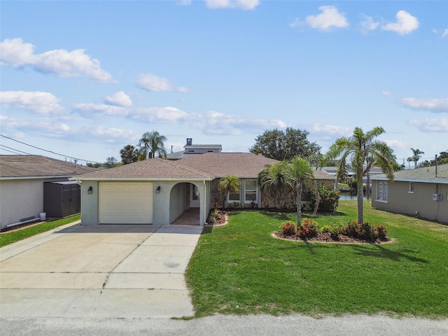 13909 Berkowitz Ave, Hudson, FL 34667 - ranch-style home featuring driveway, a front lawn, an attached garage, and stucco siding