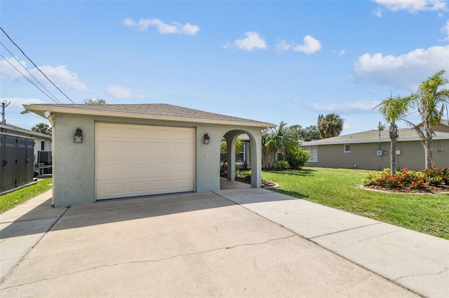 13909 Berkowitz Ave, Hudson, FL 34667 - view of front of house featuring concrete driveway, stucco siding, a front yard, and a garage