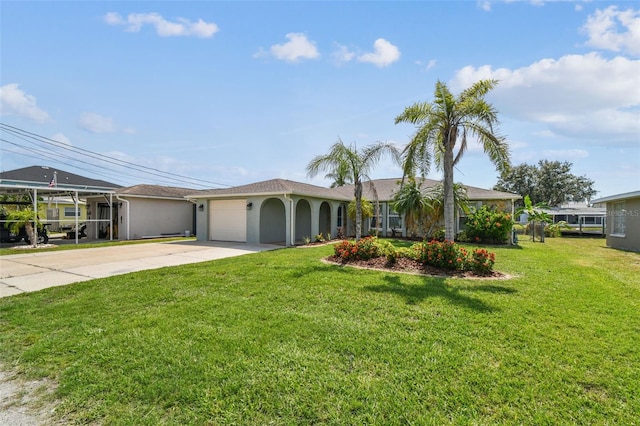 13909 Berkowitz Ave, Hudson, FL 34667 - ranch-style home featuring driveway, an attached garage, a front lawn, and stucco siding