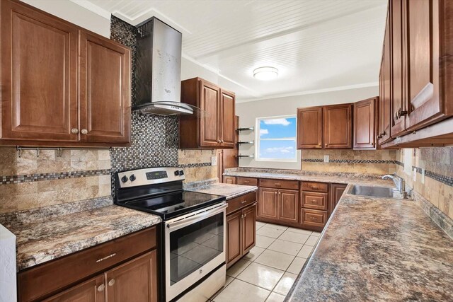 10375 106th Ter, Largo, FL 33773 - kitchen featuring electric range, wall chimney range hood, tasteful backsplash, crown molding, and open shelves