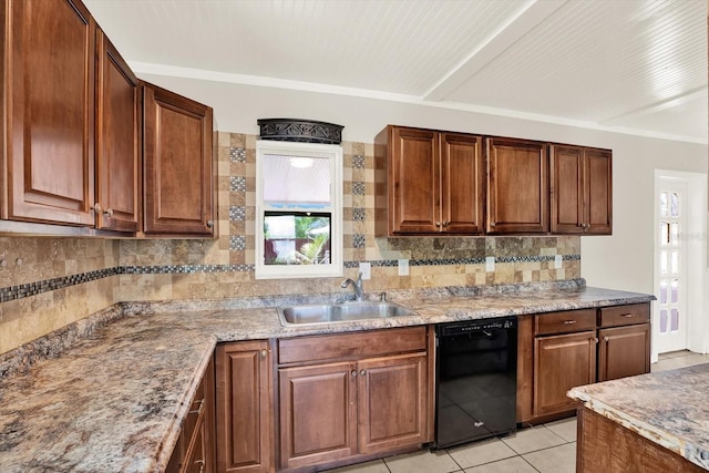 10375 106th Ter, Largo, FL 33773 - kitchen featuring dishwasher, backsplash, light tile patterned floors, light stone counters, and brown cabinetry