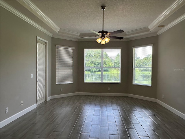 1008 Arista Blvd, Valrico, FL 33594 - unfurnished room with a tray ceiling, ornamental molding, a textured ceiling, ceiling fan, and dark wood-style flooring