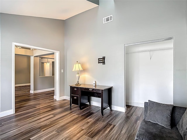 10206 Evening Trail Dr, Riverview, FL 33569 - office featuring dark wood-style floors and a high ceiling