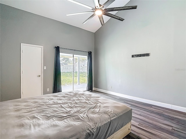 10206 Evening Trail Dr, Riverview, FL 33569 - bedroom with access to exterior, wood finished floors, high vaulted ceiling, and ceiling fan