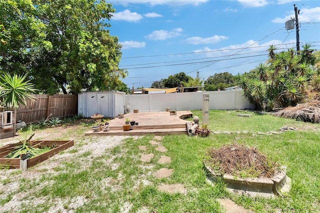 10549 112th Ave, Largo, FL 33773 - fenced backyard featuring a storage shed, a deck, and a garden