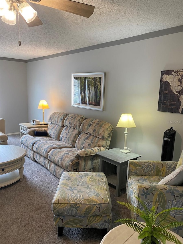 832 Cambridge Ct, Dunedin, FL 34698 - living area with carpet flooring, ceiling fan, and a textured ceiling