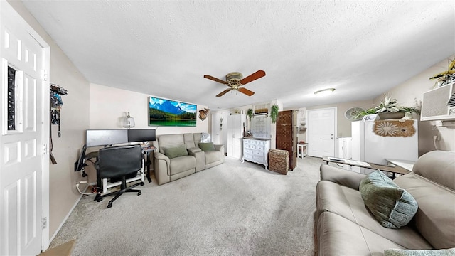 1753 Ranchette Rd, Wesley Chapel, FL 33543 - living area featuring carpet, a ceiling fan, a textured ceiling, and an office area