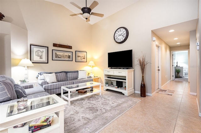 1626 Terra Ceia Bay Cir Unit 1626, Palmetto, FL 34221 - living room with light tile patterned floors, ceiling fan, high vaulted ceiling, and recessed lighting