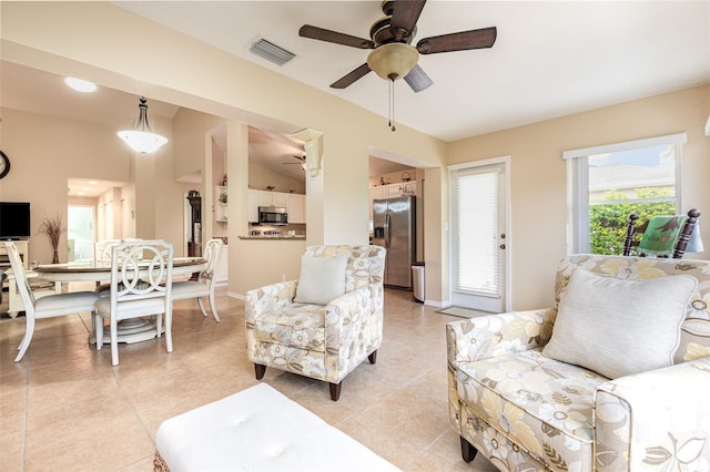 1626 Terra Ceia Bay Cir Unit 1626, Palmetto, FL 34221 - living area with ceiling fan, light tile patterned flooring, and lofted ceiling