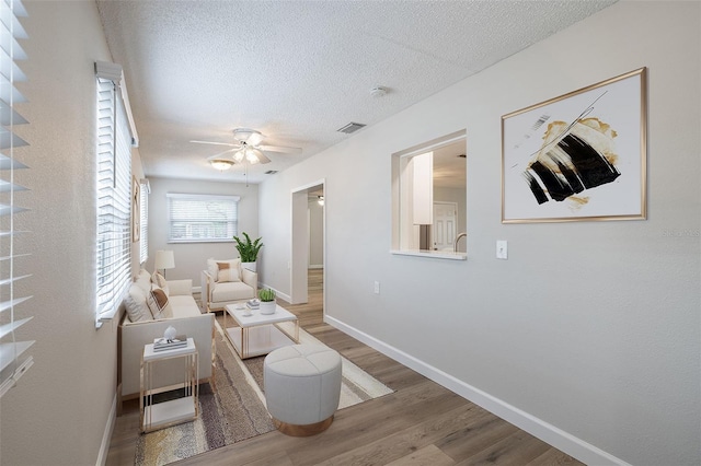 314 Circle Dr, Palm Harbor, FL 34683 - living room with wood finished floors, a textured ceiling, and ceiling fan