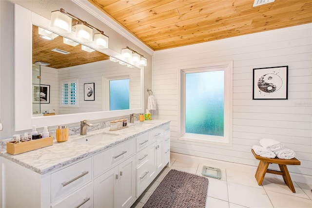 1578 Druid Rd S, Belleair, FL 33756 - bathroom with wooden ceiling, tile patterned flooring, double vanity, wooden walls, and crown molding