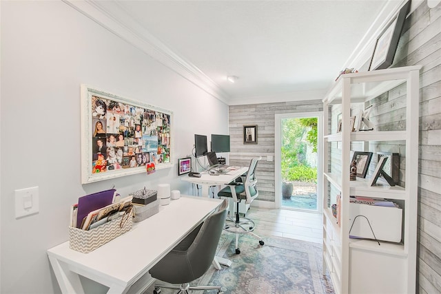 1578 Druid Rd S, Belleair, FL 33756 - office area featuring ornamental molding, wood walls, and wood finished floors