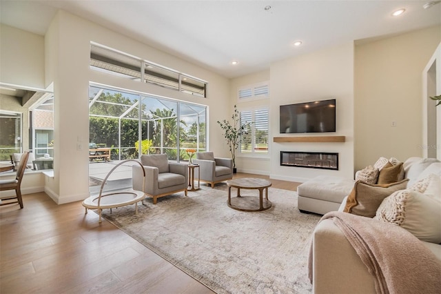 9126 Cypress Keep Ln, Odessa, FL 33556 - living room featuring wood finished floors, a glass covered fireplace, and recessed lighting