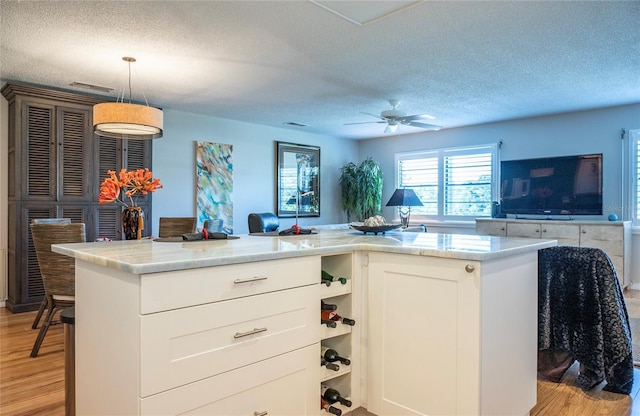 7941 58th Ave N Unit 301, Saint Petersburg, FL 33709 - kitchen featuring open floor plan, a textured ceiling, light wood-style floors, light countertops, and ceiling fan