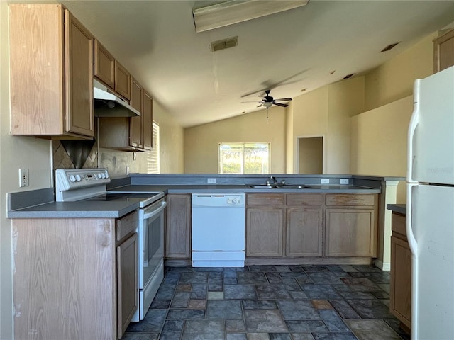 103 Thornbush Pkwy, Davenport, FL 33837 - kitchen featuring white appliances, under cabinet range hood, ceiling fan, lofted ceiling, and dark stone finish floors