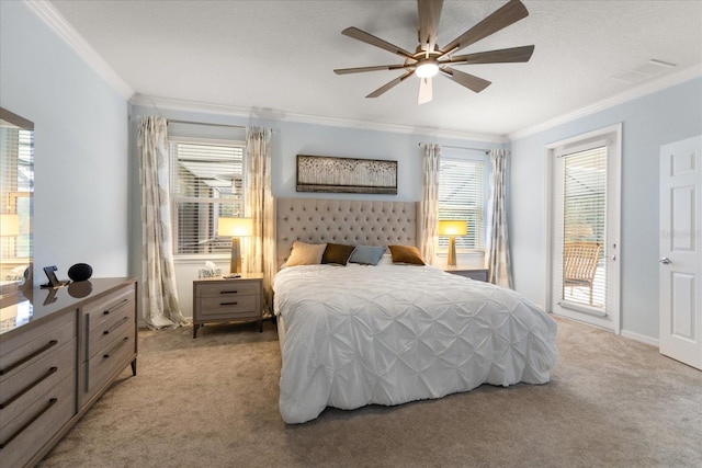 19409 Wingrove Ln, Lutz, FL 33558 - carpeted bedroom with crown molding, access to outside, and a ceiling fan