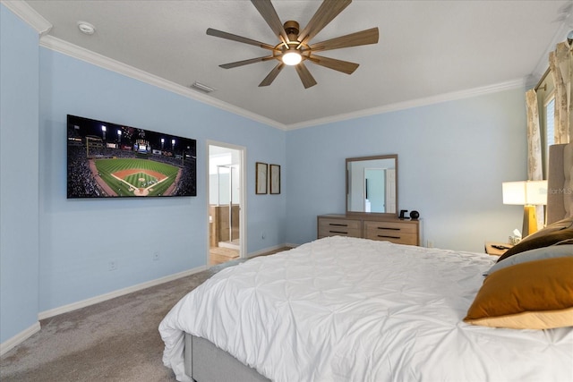 19409 Wingrove Ln, Lutz, FL 33558 - bedroom featuring ornamental molding, carpet, ensuite bath, and a ceiling fan