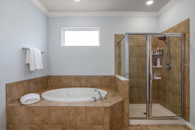 19409 Wingrove Ln, Lutz, FL 33558 - full bathroom with a bath, a shower stall, and crown molding
