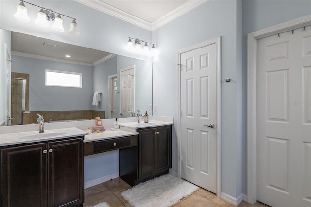19409 Wingrove Ln, Lutz, FL 33558 - bathroom featuring double vanity, tile patterned floors, crown molding, and a shower
