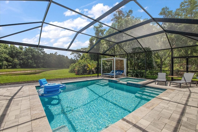 19409 Wingrove Ln, Lutz, FL 33558 - view of swimming pool with a patio, a pool with connected hot tub, and glass enclosure