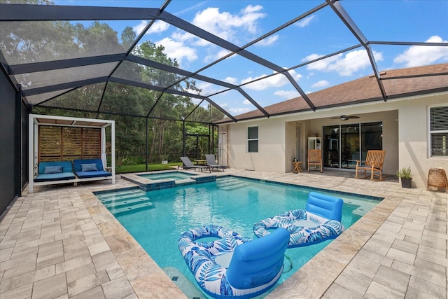 19409 Wingrove Ln, Lutz, FL 33558 - view of pool with a patio area, a pool with connected hot tub, an outdoor hangout area, a ceiling fan, and a lanai