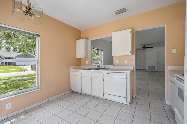 11022 Connacht Way, Tampa, FL 33610 - kitchen featuring white appliances, light countertops, white cabinetry, ceiling fan, and light tile patterned floors