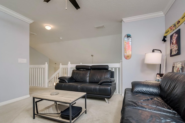18508 Merseyside Loop, Land O Lakes, FL 34638 - living area with light carpet, ornamental molding, and ceiling fan