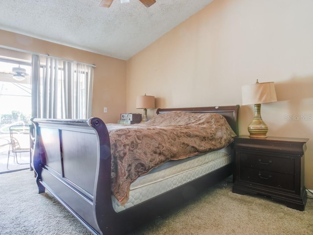 1610 Sanderling Ct, Brandon, FL 33511 - carpeted bedroom featuring a textured ceiling, lofted ceiling, access to outside, and ceiling fan
