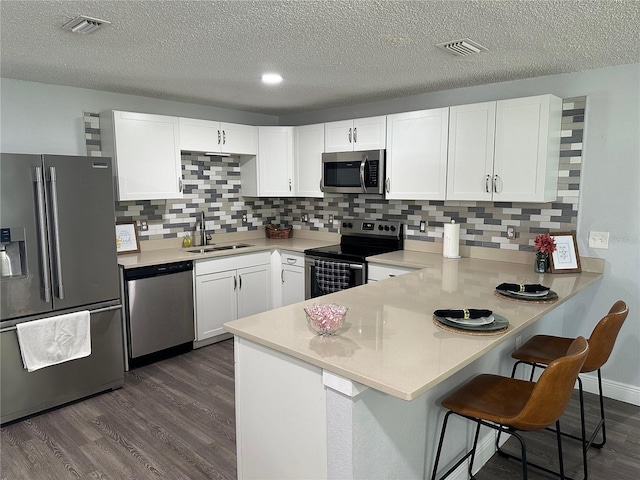 7301 Mitchell Ranch Rd, New Port Richey, FL 34655 - kitchen with appliances with stainless steel finishes, dark wood-style flooring, a peninsula, light countertops, and white cabinetry