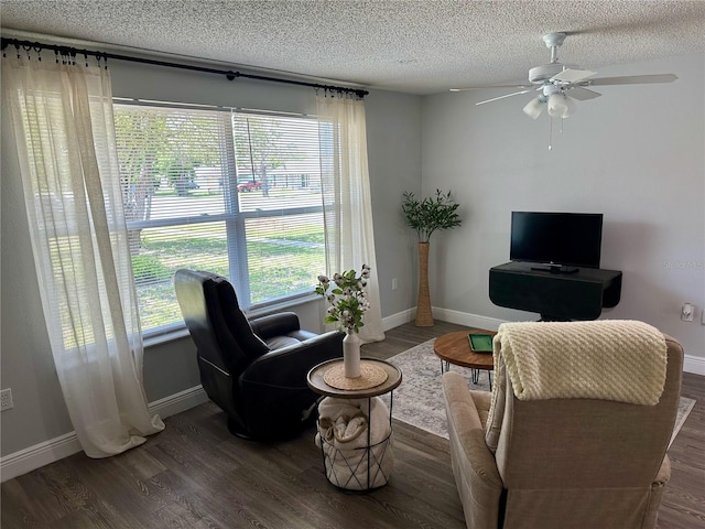 7301 Mitchell Ranch Rd, New Port Richey, FL 34655 - living room with ceiling fan, wood finished floors, healthy amount of natural light, and a textured ceiling