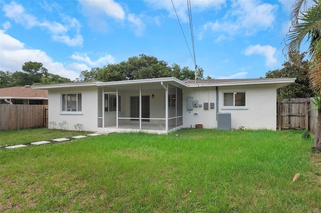245 Grove Cir N, Dunedin, FL 34698 - back of property with a sunroom, a fenced backyard, and stucco siding