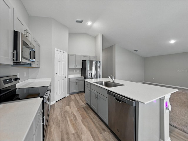 12931 Twin Bridges Dr, Riverview, FL 33579 - kitchen featuring appliances with stainless steel finishes, gray cabinetry, light wood-style flooring, a center island with sink, and light countertops