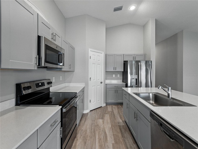 12931 Twin Bridges Dr, Riverview, FL 33579 - kitchen featuring appliances with stainless steel finishes, gray cabinets, light countertops, and light wood-style flooring