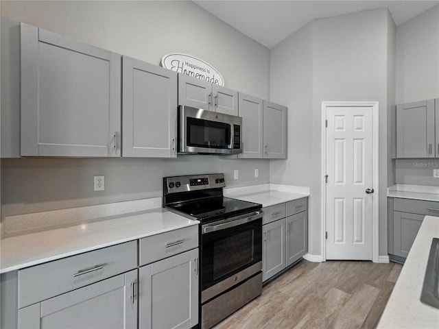 12931 Twin Bridges Dr, Riverview, FL 33579 - kitchen featuring appliances with stainless steel finishes, gray cabinets, light wood-style floors, and light countertops