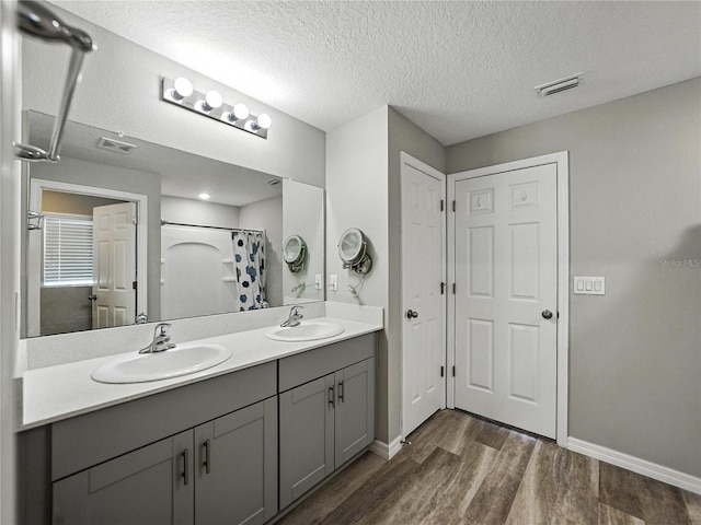 12931 Twin Bridges Dr, Riverview, FL 33579 - full bath with wood finished floors, double vanity, a textured ceiling, and a shower with shower curtain