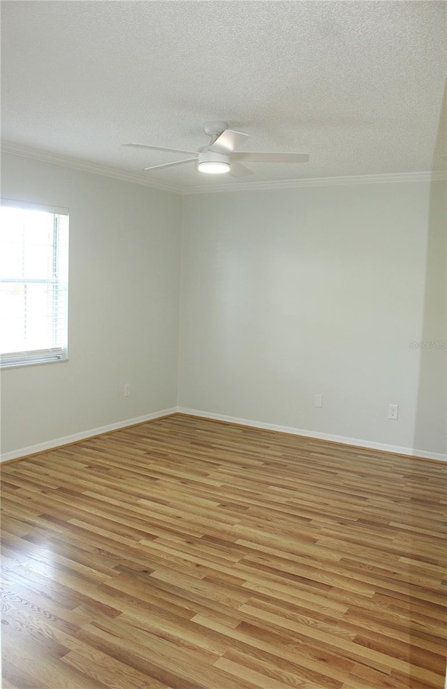 6144 Elmhurst Dr, New Port Richey, FL 34653 - spare room featuring a textured ceiling, ornamental molding, light wood-style flooring, and ceiling fan